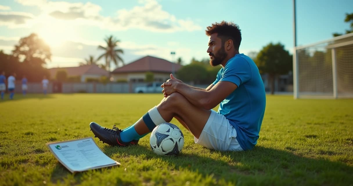 Jogador de futebol amador sentado no gramado com lesão no joelho ao lado de uniforme e carteira de trabalho
